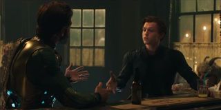 Spider-Man and Mysterio talking in Spider-Man: Far From Home