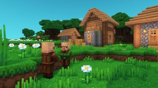 Minecraft texture packs - villagers in their village in the Whimscape pack