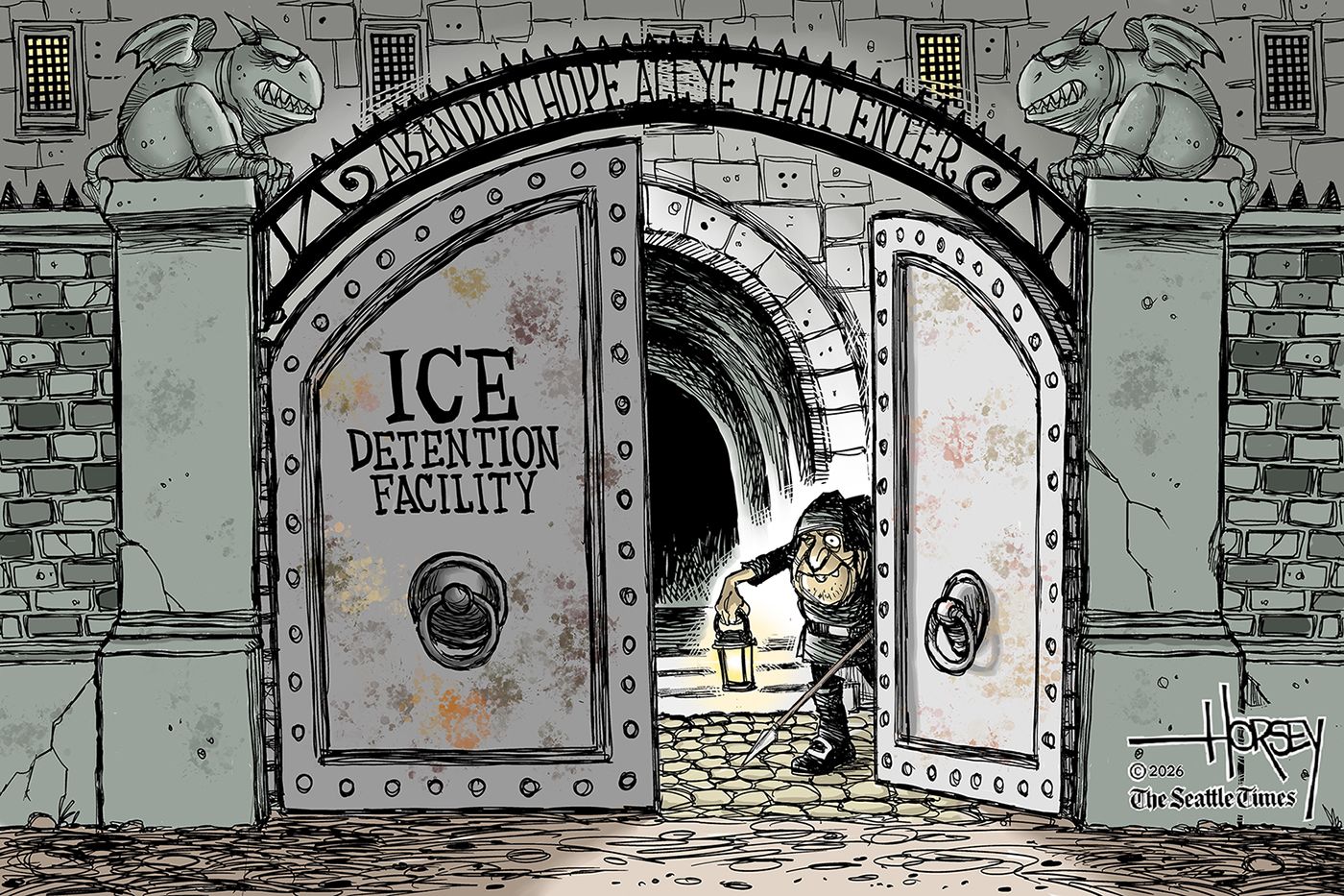 
                                This cartoon depicts a foreboding, medieval-style set of steel doors leading to an Ice Detention Facility. An Igor-like character has opened the gate, and holds a lantern and sharp spear. The words above the gate read, “Abandon hope, all ye that enter.”
                            