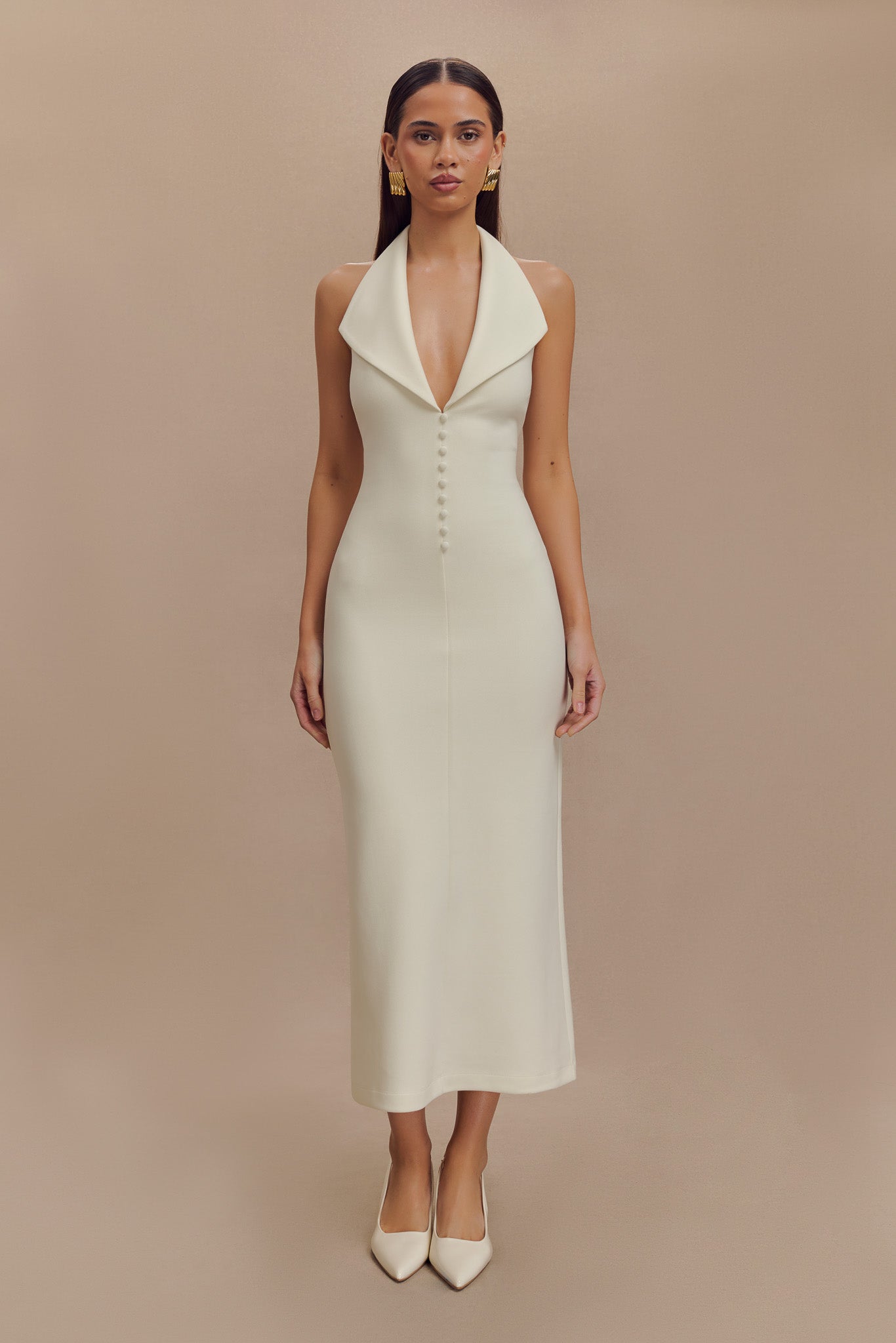 Annita Crepe Halter Midi Dress - Ivory Xxs