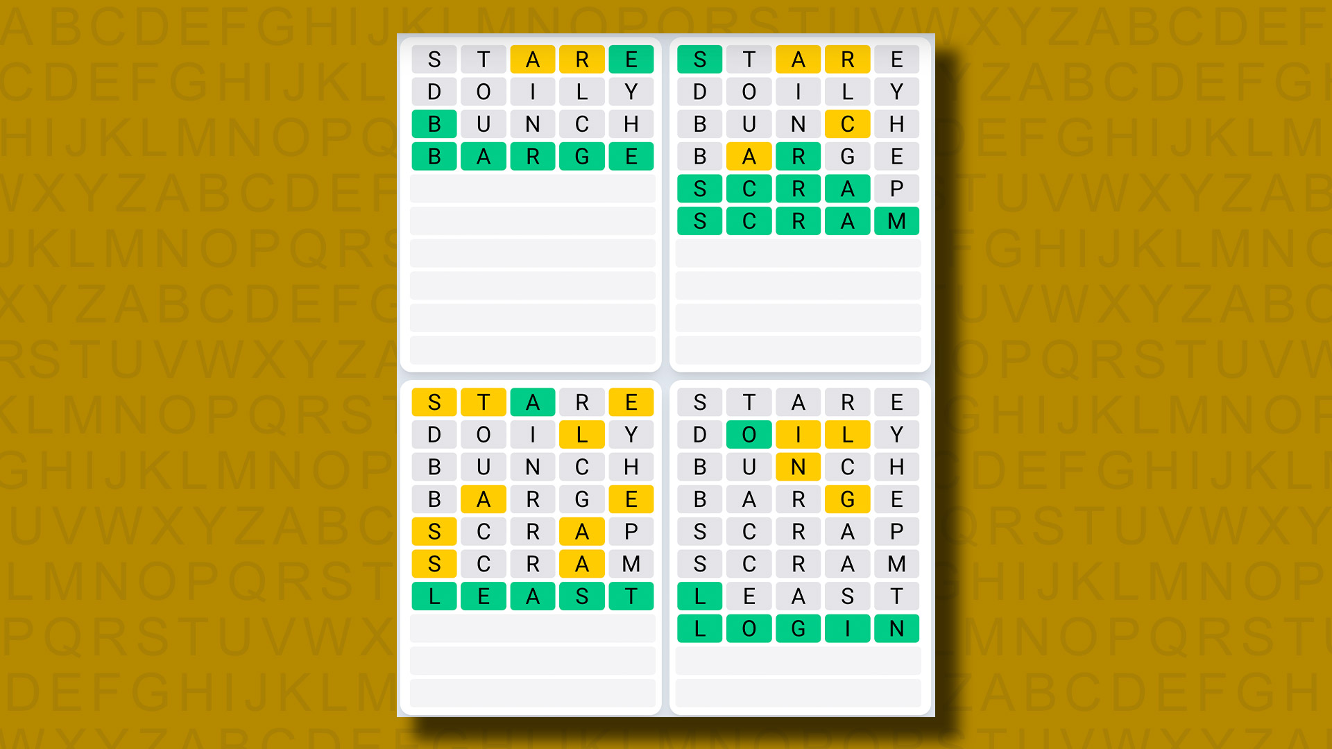 Quordle Daily Sequence Answers for Game 922 on a yellow background