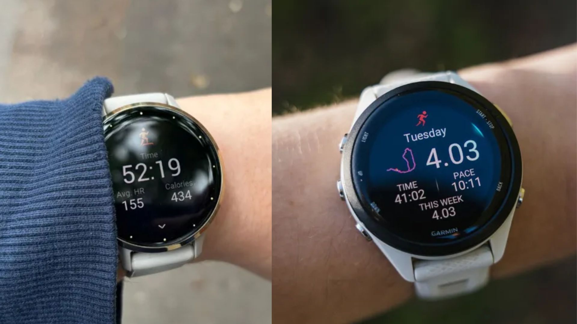 Wrist wearing the Garmin Venu 3 and Garmin Forerunner 265 on activity profile pages