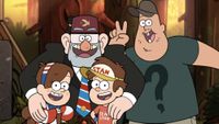 Stan, Dipper, Mabel and Soos posing for a photo in Gravity Falls Season 2