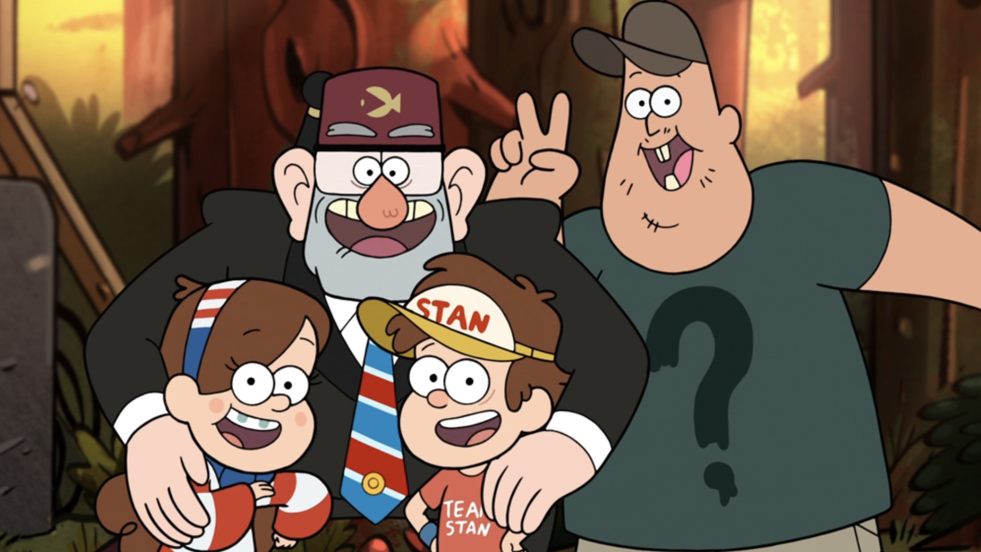 Stan, Dipper, Mabel and Soos posing for a photo in Gravity Falls Season 2