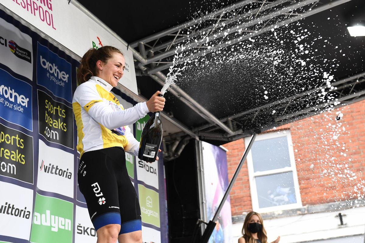 Picture by Simon Wilkinson/SWpix.com - 09/06/2022 - Cycling - The Women&acirc;s Tour 2022 - Stage Four - Wrexham to Welshpool, Wales - Grace Brown of Team FDJ Nouvelle Aquitaine Futuroscope on the podium leading the overall General Classification