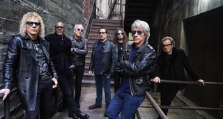 Bon Jovi in 2024: [L-R] David Bryan, Everett Bradley, Hugh McDonald, John Shanks, Phil X, Jon Bon Jovi, Tico Torres