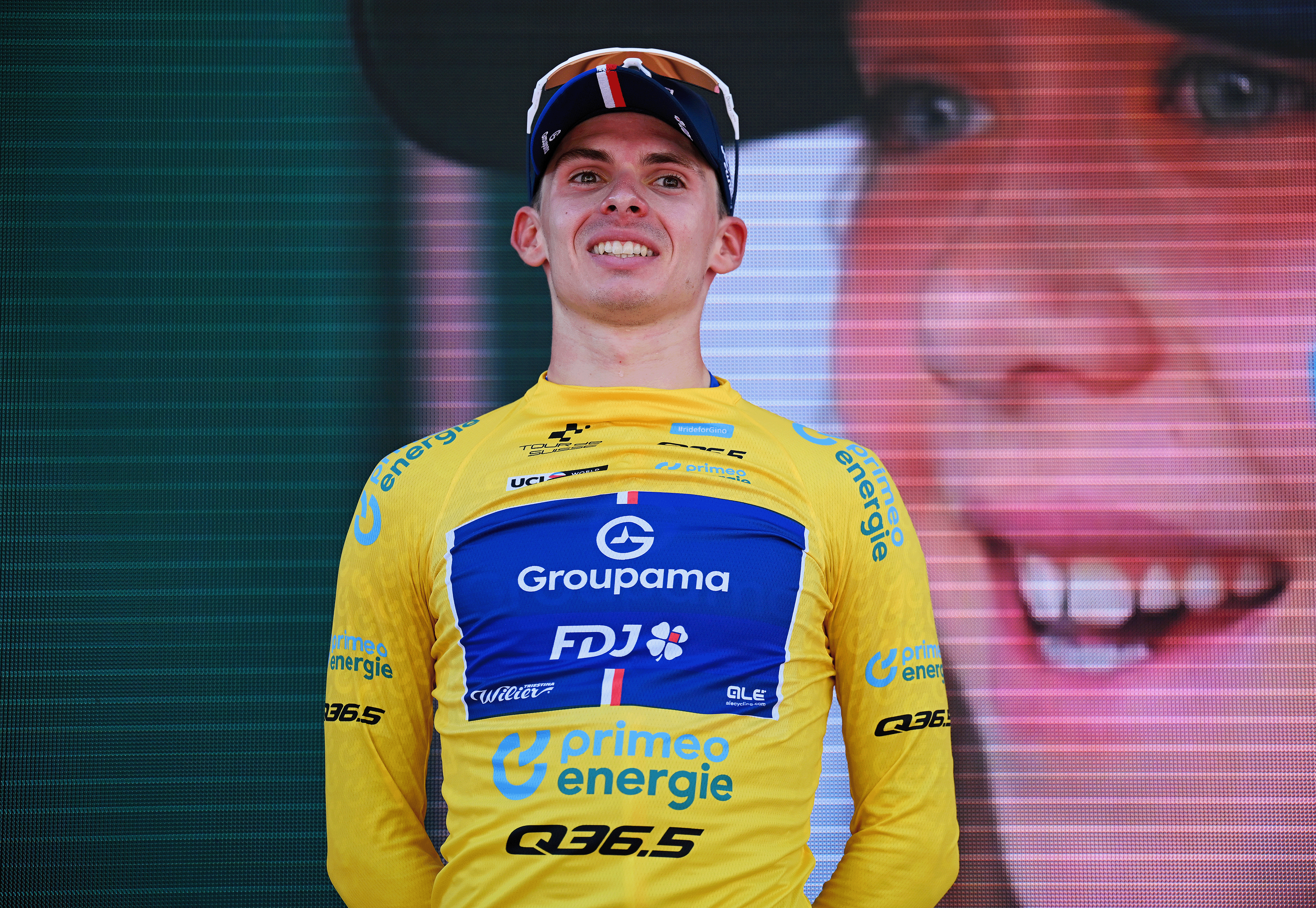 HEIDEN, SWITZERLAND - JUNE 17: Romain Gregoire of France and Team Groupama - FDJ celebrates at podium as Yellow leader jersey winner during the 88th Tour de Suisse, Stage 3 a 195.6km stage from Aarau to Heiden 809m / #UCIWT / on June 17, 2025 in Heiden, Switzerland. (Photo by Tim de Waele/Getty Images)