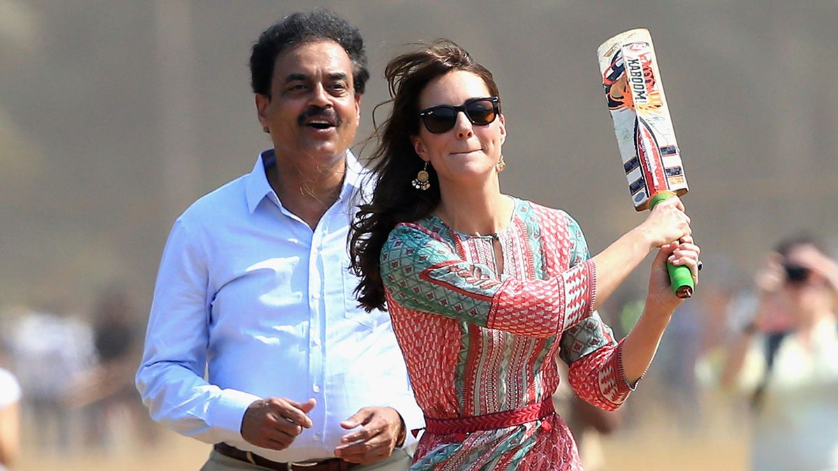 MUMBAI, INDIA - APRIL 10:Catherine, Duchess of Cambridge plays cricket during a visit to meet children from Magic Bus, Childline and Doorstep, three non-governmental organizations, at Mumbai&amp;#039;