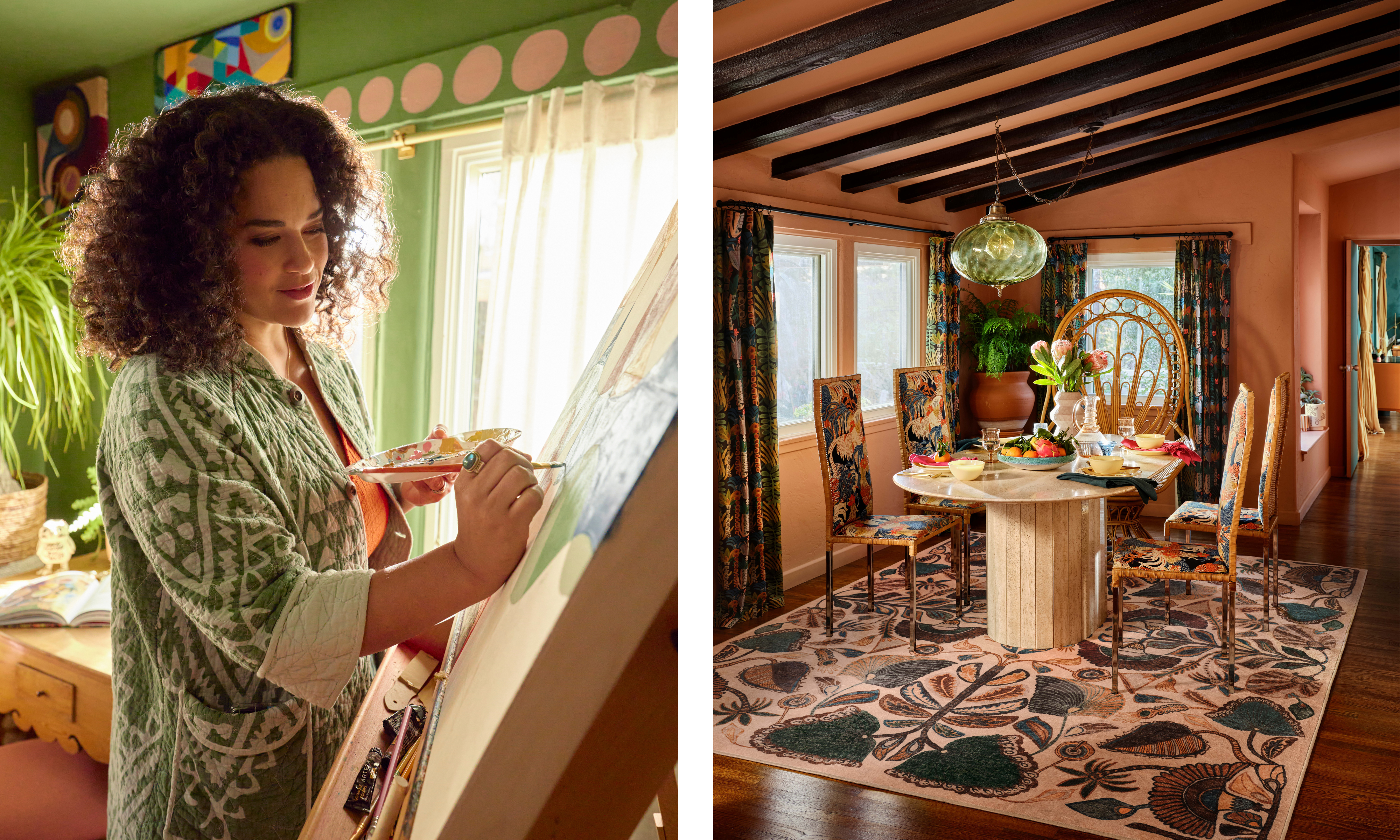 Two images side by side. The left image is of designer Justina Blakeney painting in a green room and the right image is of a coral drenched dining room with a circular wooden table and a statement patterned rug
