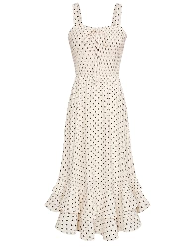 Grace Karin Women Summer Casual Beige Polka Dots Maxi Dresses Smocked Strappy a Line Dress Square Neck S
