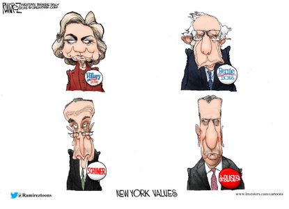 Political cartoon U.S. New York Values 2016