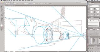 Detailed drawing of racing car speeding towards a vanishing point