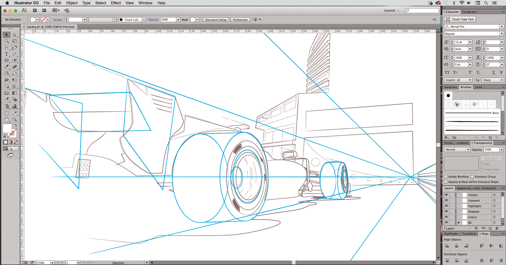 Detailed drawing of racing car speeding towards a vanishing point
