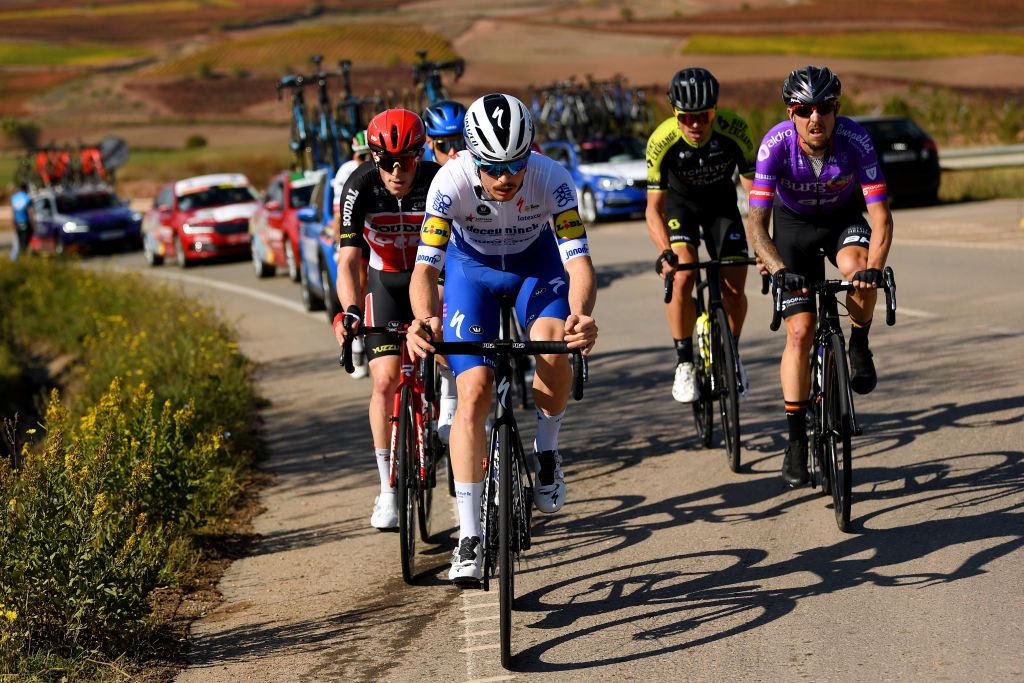 ALTODEMONCALVILLO SPAIN OCTOBER 28 Stan Dewulf of Belgium and Team Lotto Soudal Ben Dyball of Australia and NTT Pro Cycling Team Stan Dewulf of Belgium and Team Lotto Soudal Robert Stannard of Australia and Team Mitchelton Scott Remi Cavagna of France and Team Deceuninck QuickStep Angel Madrazo of Spain and Team Burgos BH Breakaway during the 75th Tour of Spain 2020 Stage 8 a 164km stage from Logroo to Alto de Moncalvillo 1490m lavuelta LaVuelta20 on October 28 2020 in Alto de Moncalvillo Spain Photo by David RamosGetty Images