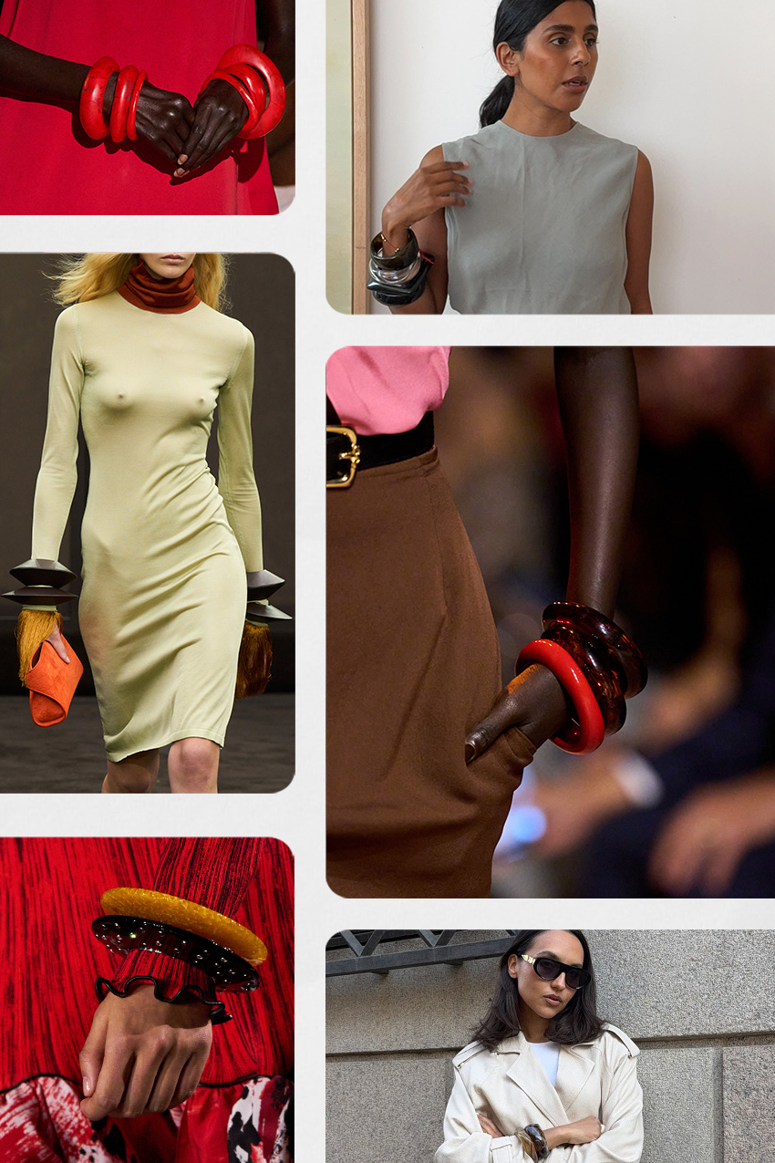 Jewelry trends for 2026 is shown in a collage of the resin and wood bangle trend