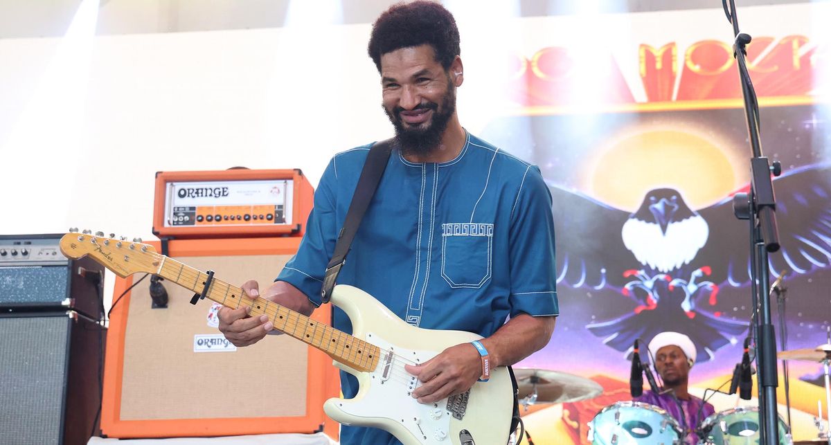 Mdou Moctar live onstage at Bonnaroo with his white Fender Stratocaster