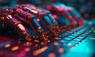 A pair of robot hands type on a keyboard. Lighting is dark and ominous. 