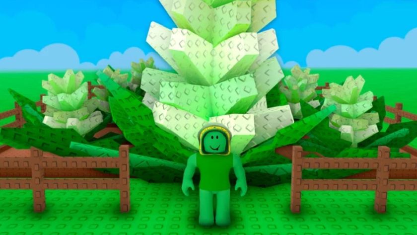 Character stood in front of a green plant in a Grow a Garden plot in Roblox