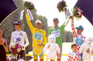 The four jersey classification winners: Andy Schleck (Saxo Bank), Alberto Contador (Astana), Alessandro Petacchi (Lampre) and Anthony Charteau (Bbox)