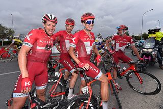 Alexander Kristoff and the Katusha riders pose for the cameras
