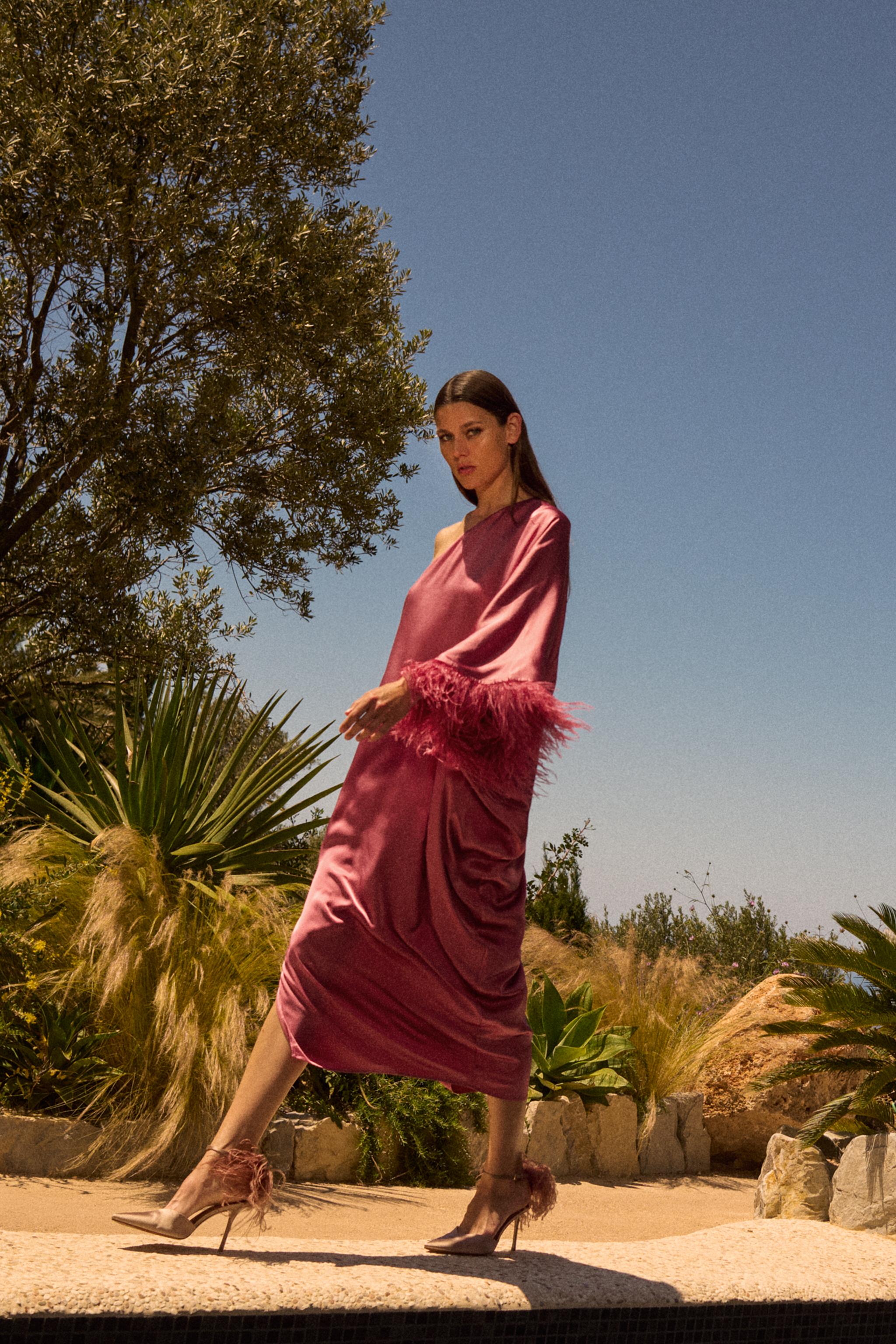 Feathered Satin Long Dress