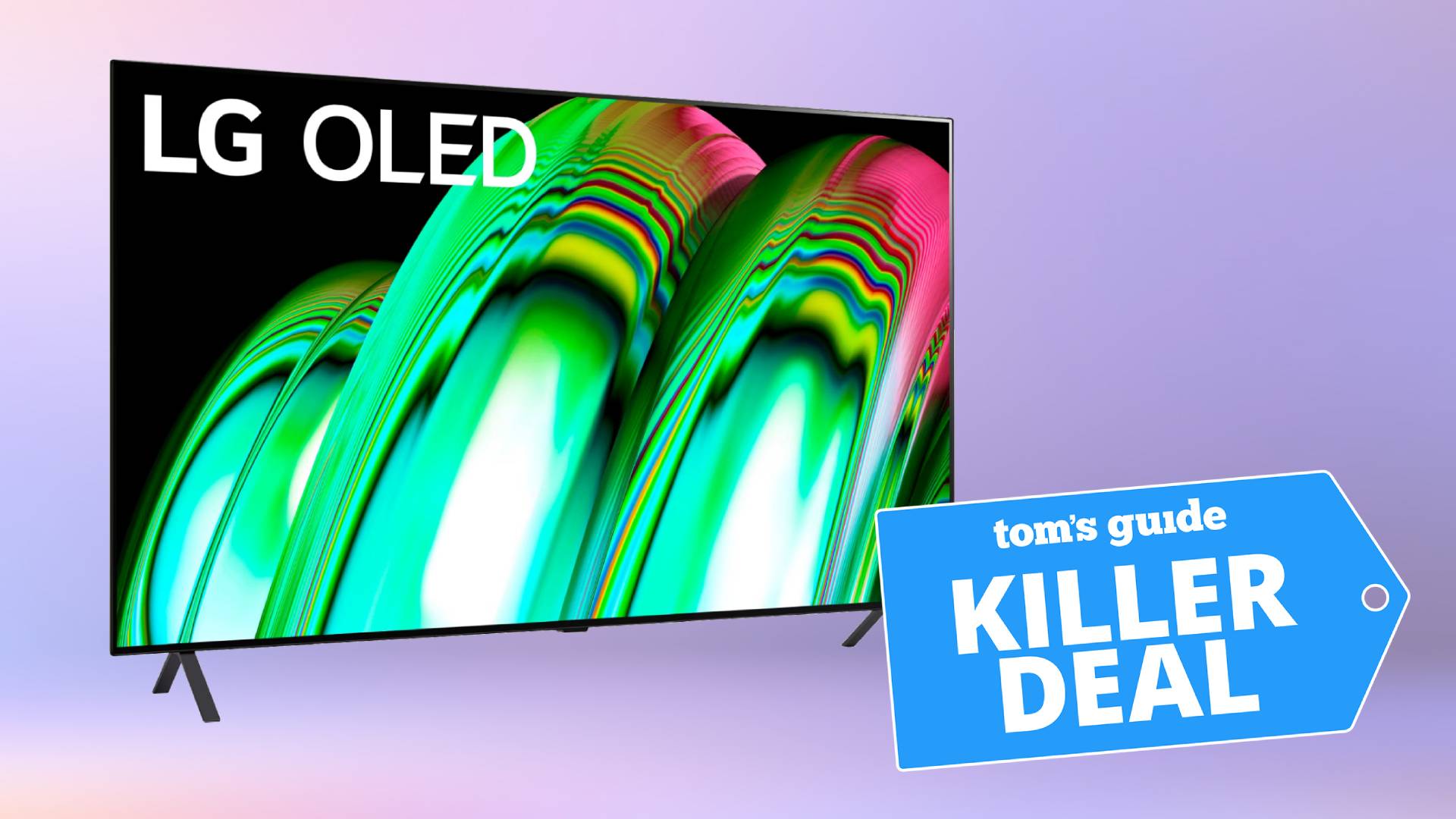 Una foto del televisor LG A2 OLED 4K sobre un fondo púrpura