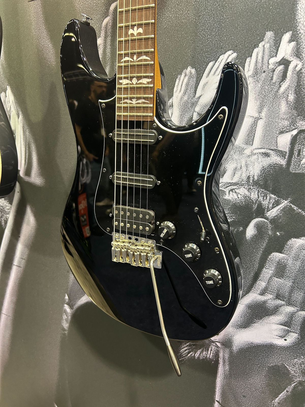 Seven of the guitars on display at Ibanez's booth at the 2025 NAMM Show in Anaheim, California