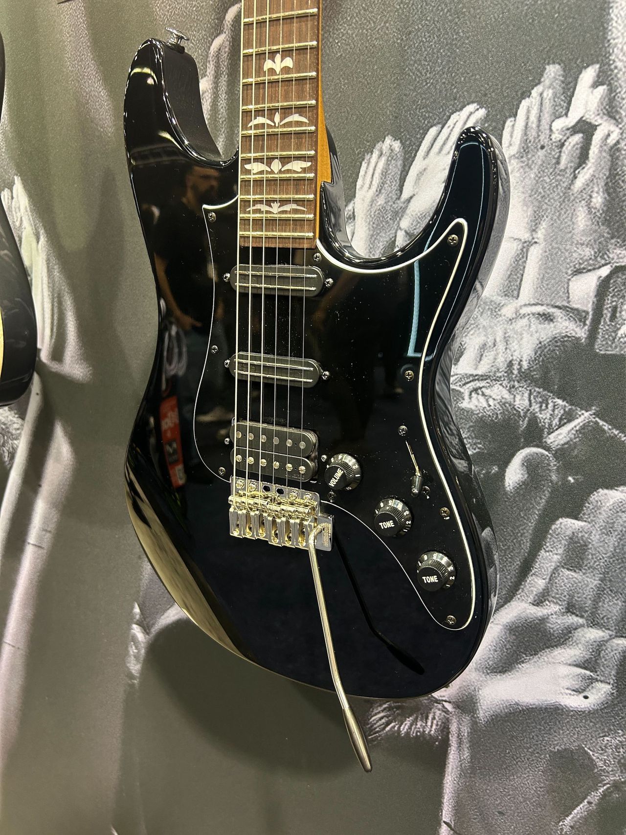 Seven of the guitars on display at Ibanez's booth at the 2025 NAMM Show in Anaheim, California