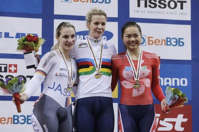 Women's sprint world championship podium (L-R): Kristina Vogel (Germany), 2nd: Rebecca James (Great Britain), 1st; Wai Sze Lee (Hong Kong, China), 3rd