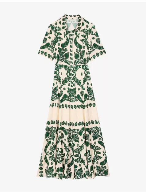 Floral-Print Collared Satin Maxi Dress