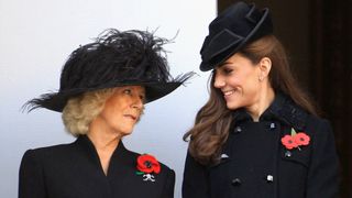 Catherine, Duchess of Cambridge and Camilla, Duchess of Cornwall smile during the Remembrance Day Ceremony at the Cenotaph on November 13, 2011 in London, United Kingdom. Politicians and Royalty joined the rest of the county in honouring the war dead by gathering at the iconic memorial to lay wreaths and observe two minutes silence.