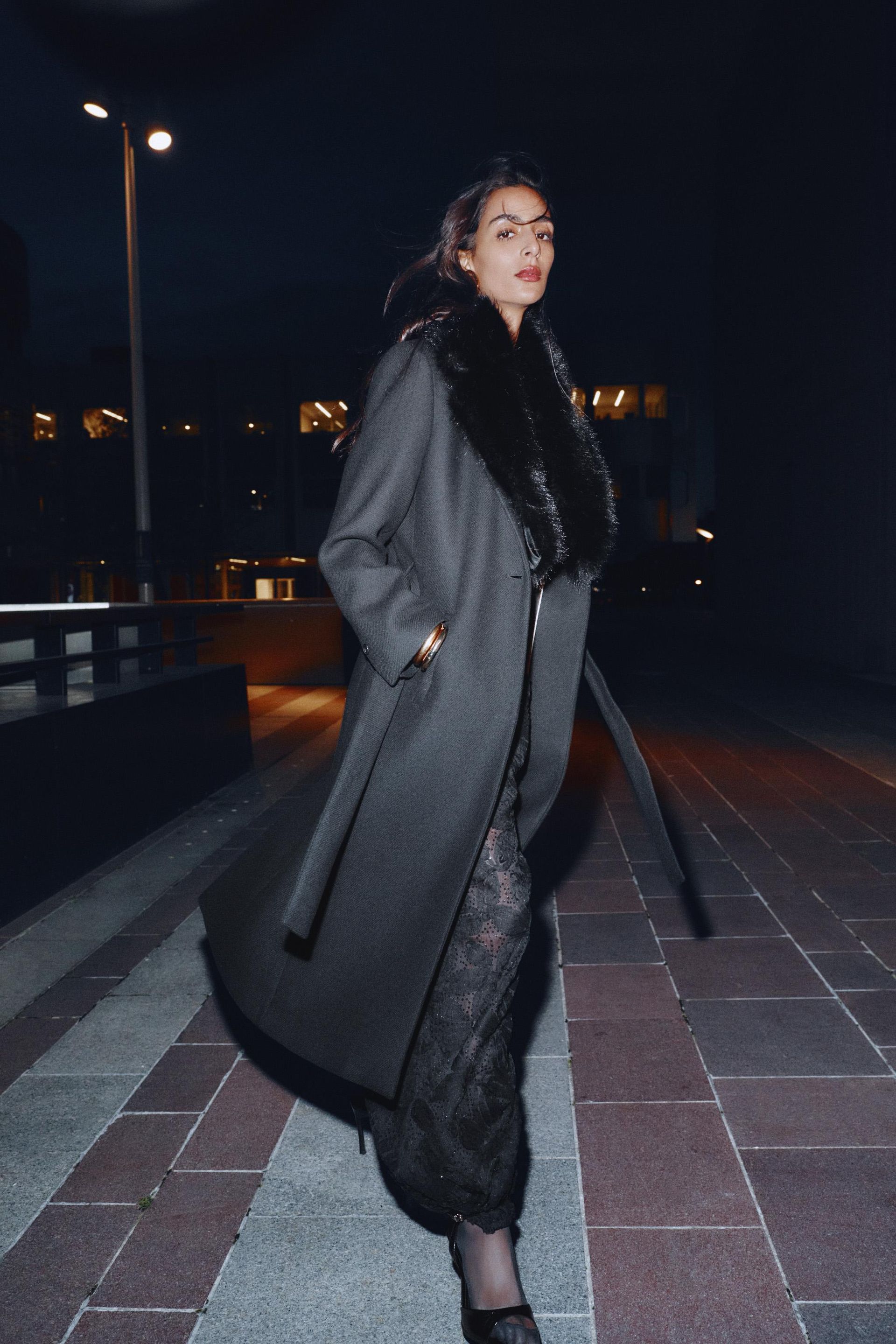 ZARA Wool Coat With Faux Fur Lapel and Belt
