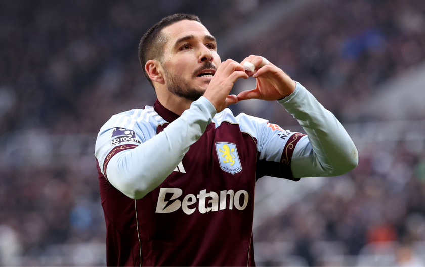  Emi Buendia of Aston Villa celebrates scoring his team's first goal during the Premier League match between Newcastle United and Aston Villa at St James' Park on January 25, 2026 in Newcastle upon Tyne, England. 