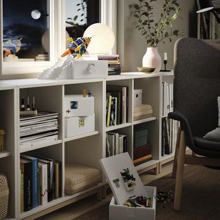 room with shelves and storage box and leg and armchair