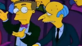 Waylon Smithers shrugging and talking to Mr. Burns.