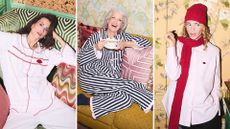 Three images of pieces from the Lands' End x Lulu Guinness collection worn by models 