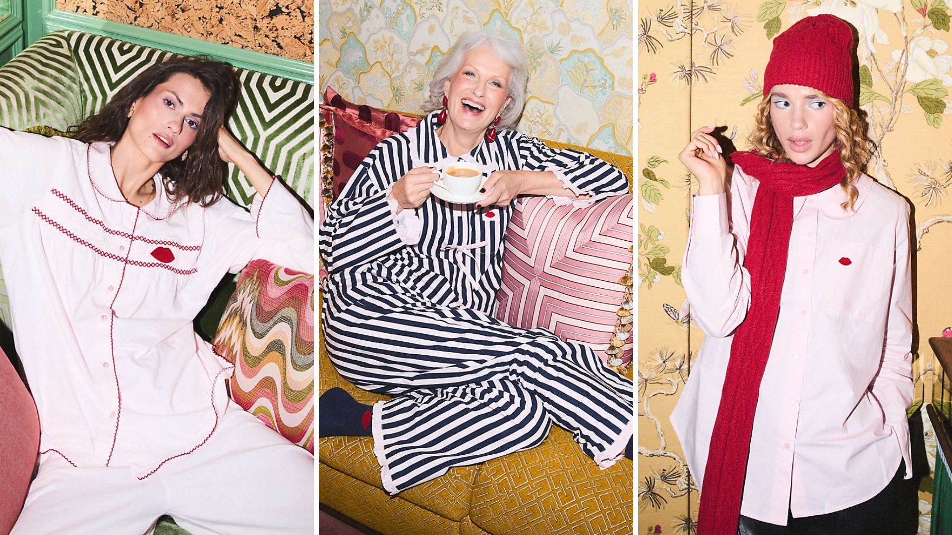 Three images of pieces from the Lands&#039; End x Lulu Guinness collection worn by models 