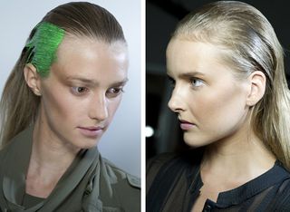 Models with combed back hair, one with green stripe