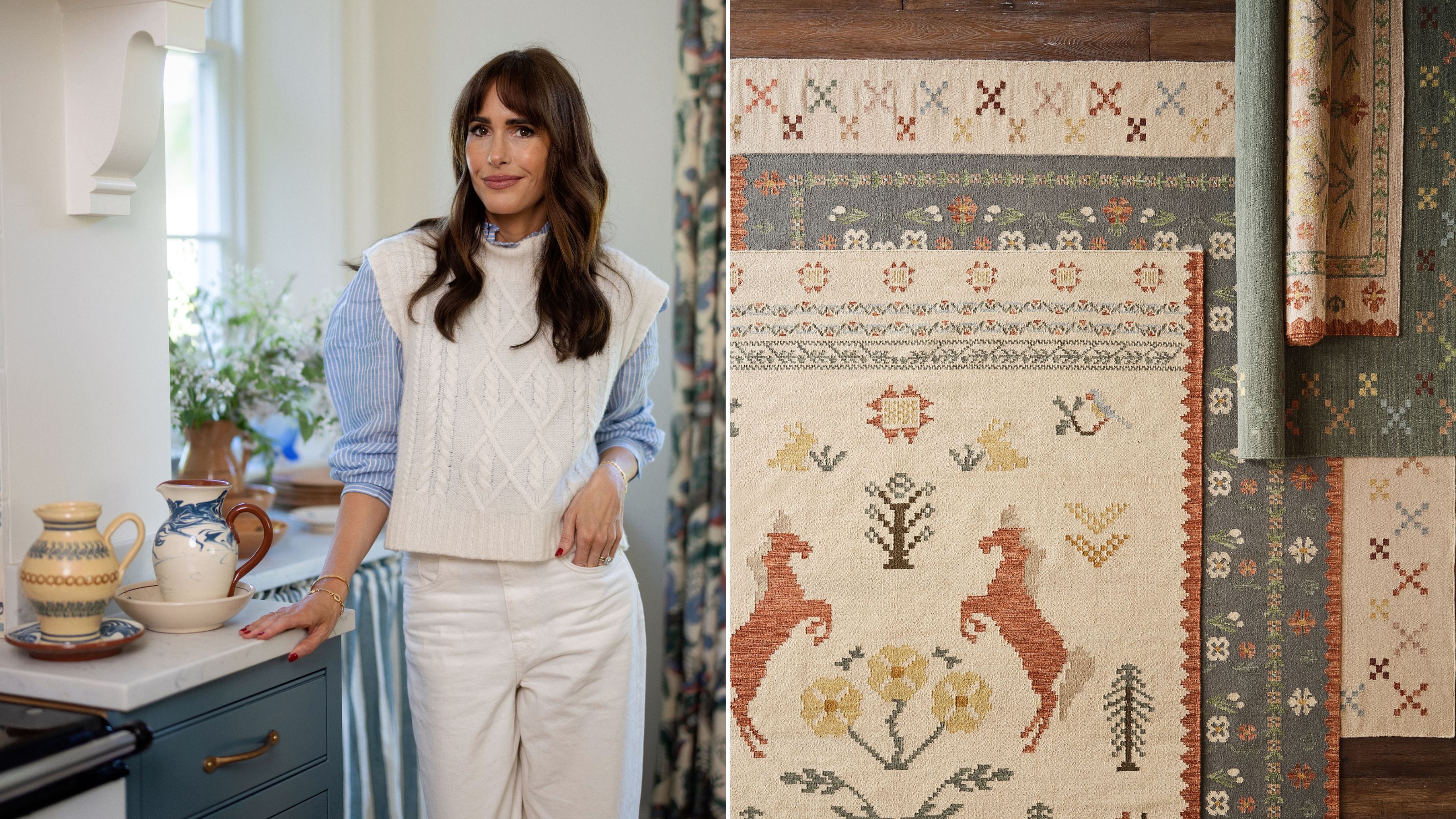 Louise Roe in the kitchen and Louise Roe's rug designs for Crate &amp;amp; Kids