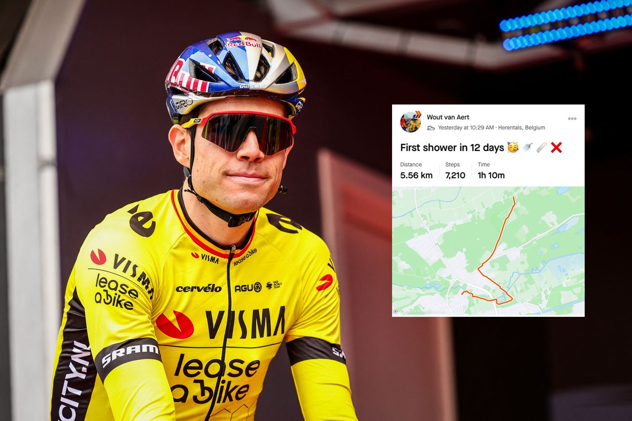 Wout van Aert smiling with a Strava post embedded on top saying &#039;first shower in 12 days&#039;