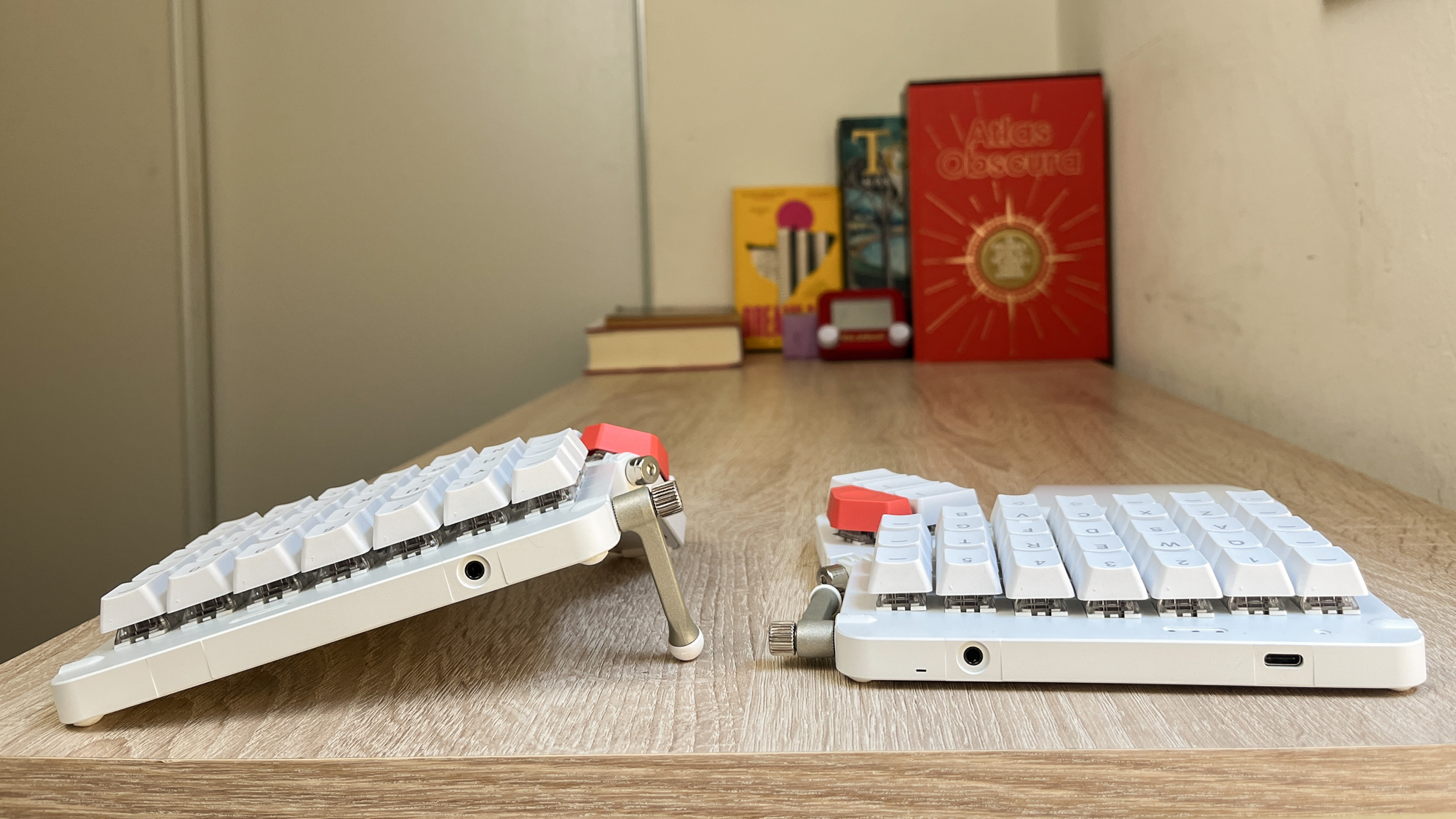 ZSA Moonlander Mark 1 keyboard in action on a desk