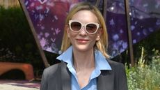Cate Blanchett wearing sunglasses and tailoring at the chelsea flower show 2025