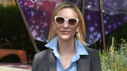 Cate Blanchett wearing sunglasses and tailoring at the chelsea flower show 2025