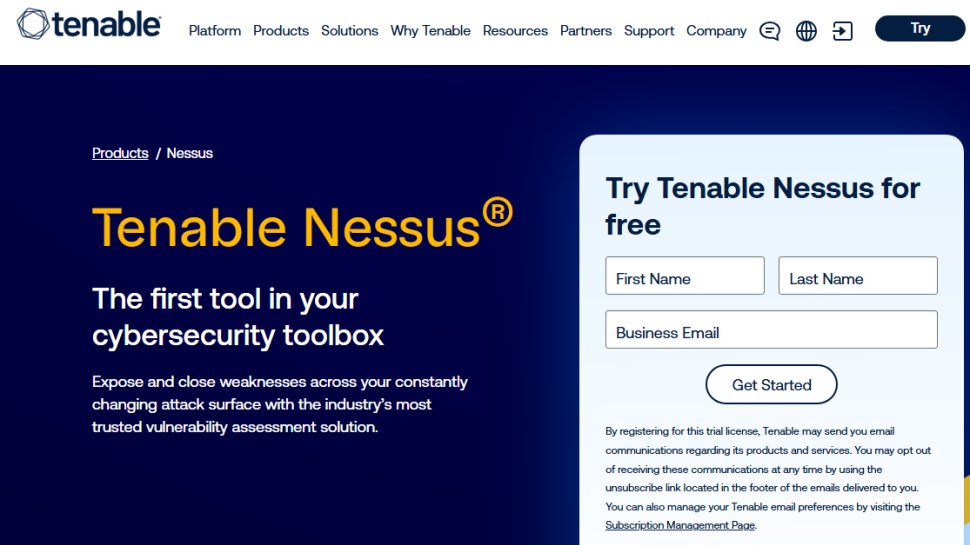 Website screenshot of Tenable Nessus (July, 2025)