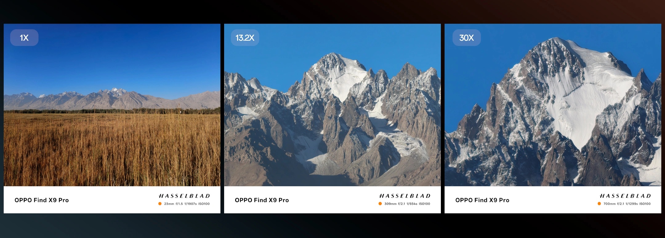 Series of photos of a mountain taken on the Oppo Find X9 Series