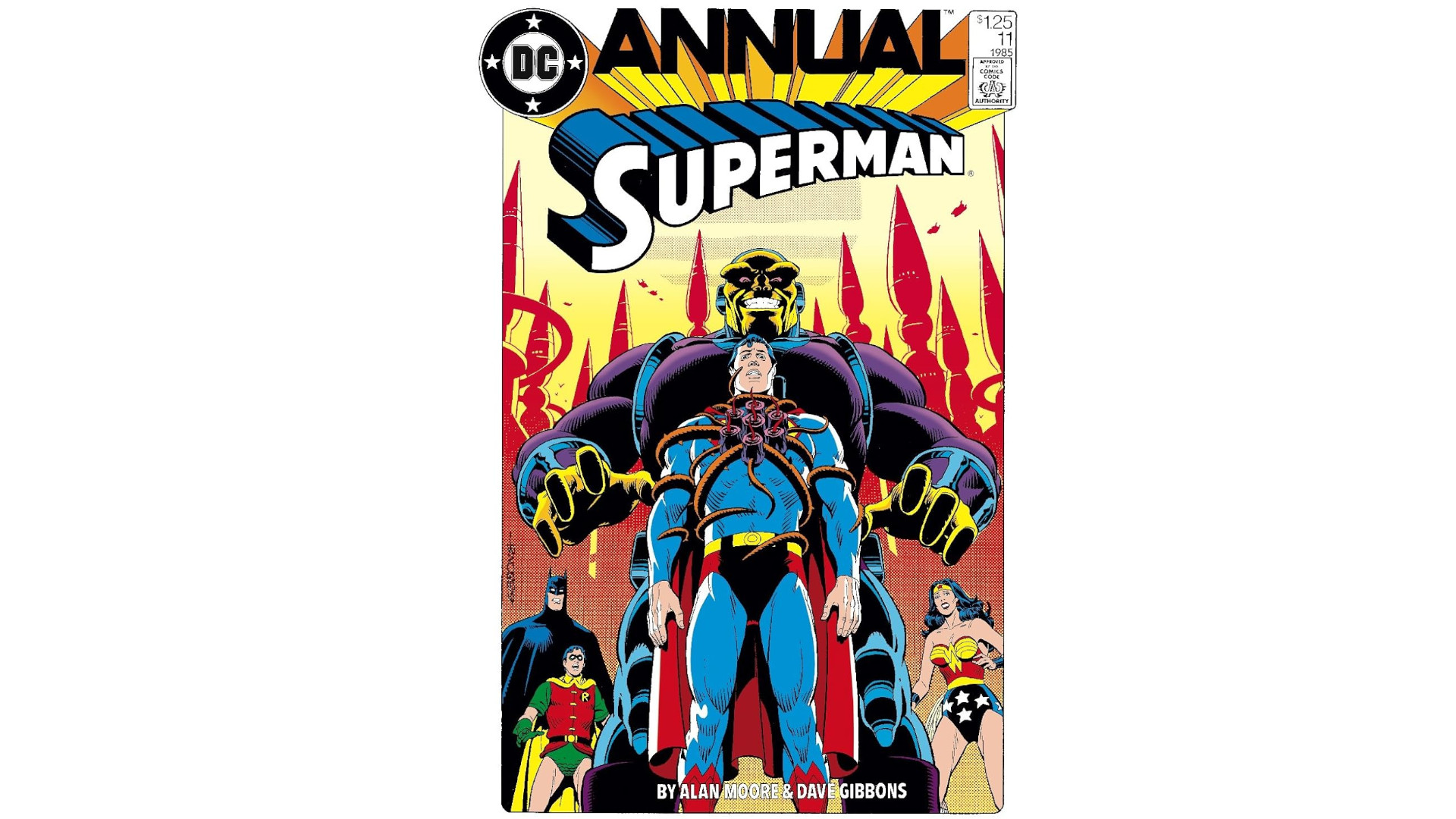 Superman, trapped by a villain on the cover of the For The Man Who Has Everything comic.