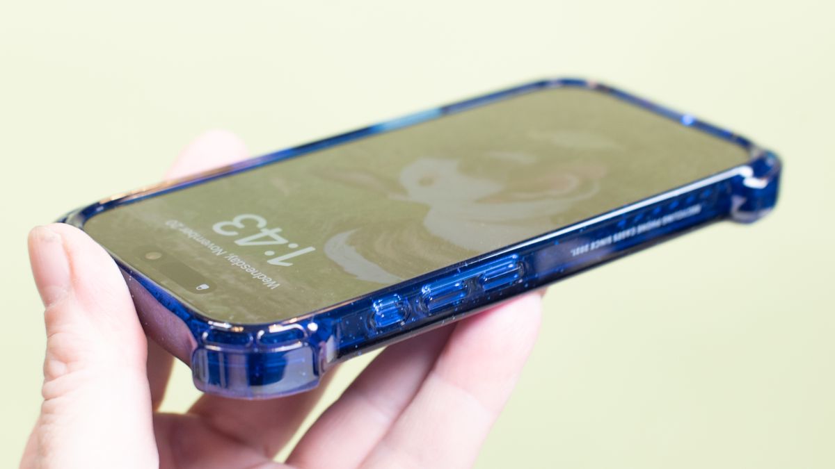 Casetify Bounce from angle showing corner and volume buttons on iPhone 16 Pro