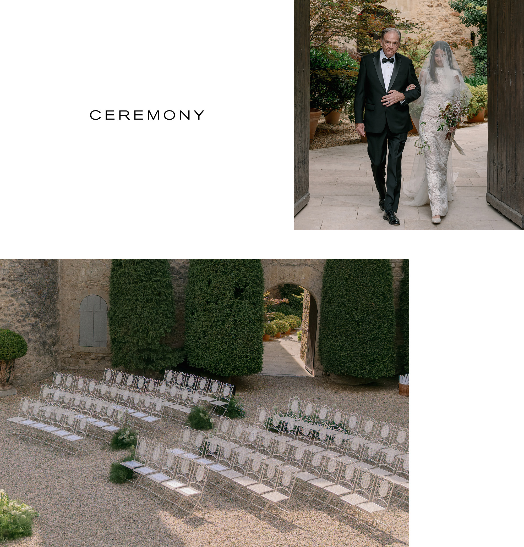 Collage of Abbie and Max in their wedding outfits and chairs arranged for the ceremony.