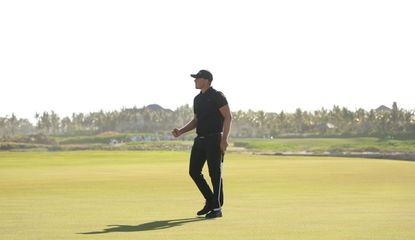 Wallace fist pumps after holing the winning putt on the 18th green