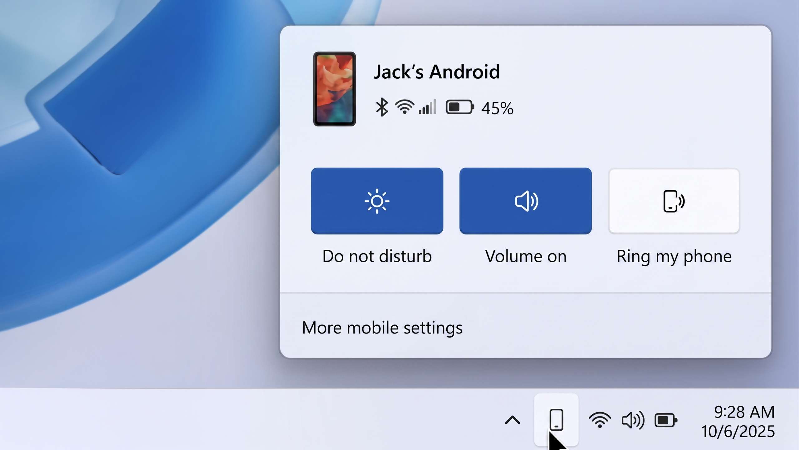 Mockup of the phone link system tray flyout